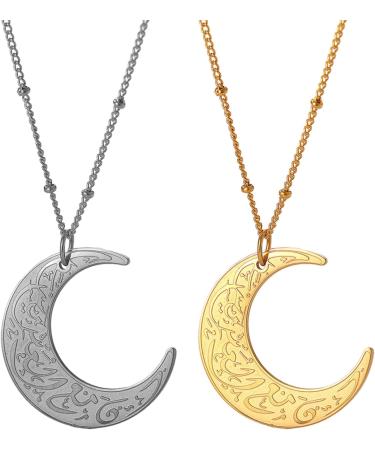 Oralgo Moon Pendant Necklace - Stainless Steel Ayatul Kursi Crescent Choker | Unique Islamic Jewelry Gift - Buy Online on GoSupps.com