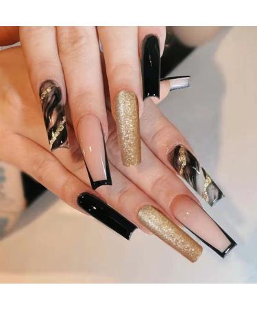 JUSTOTRY 24 pcs Leopard Fake Nails Long Black French Press on Nails Patterns Gold Glitter Ballerina Stick on Nails for Women Acrylic Coffin Medium False Nails with Glue for Nail Art black&leopard3