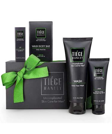 Tiege Hanley Men's Skin Care Gift Set | 4 Products | Face Wash, Moisturizer w SFP, Lip Balm w SPF and a Bonus Travel Size Lightly Exfoliating Bar Soap | Uncomplicated Skin Care Routine 4 Piece Set