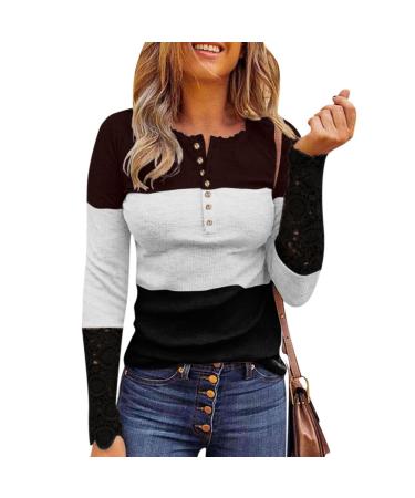Long Sleeve Shirts for Women, Womens Ribbed Knit Henley Long Sleeves Tunic Lace Tops Trendy Button Shirts Casual Slim Blouses X-Large Black