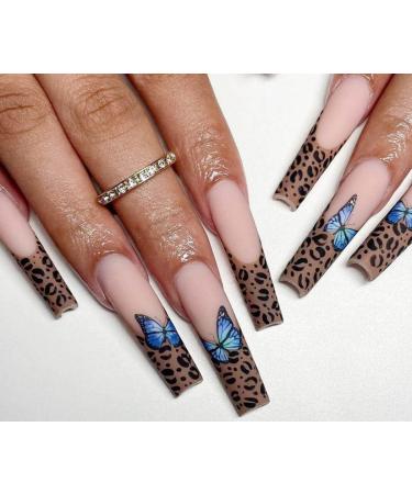 Vatocu coffin matte false nails long butterflies artificial nails leopard print printing on nails acrylic stick on nails for women and girls (24 pieces)