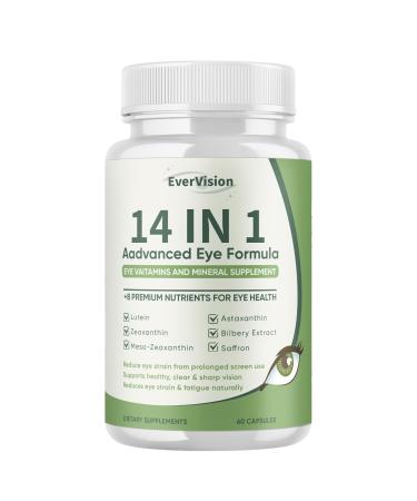 EVERVISION 14 in 1 Advanced Eye Formula - Eye Vitamins & Minerals Supplement with Lutein Zeaxanthin Astaxanthin Bilberry Zinc 14-in-1 Formula for Eye Health Support - 60 Capsules (1)