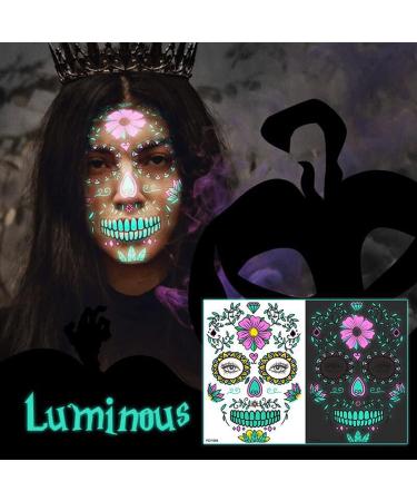 Halloween Luminous Temporary Tattoos Stickers - 4 Sheets Glow in Dark Sugar Skull Face Stickers for Adults & Kids - Waterproof 3D Facial Party Favors - Buy Online on GoSupps.com