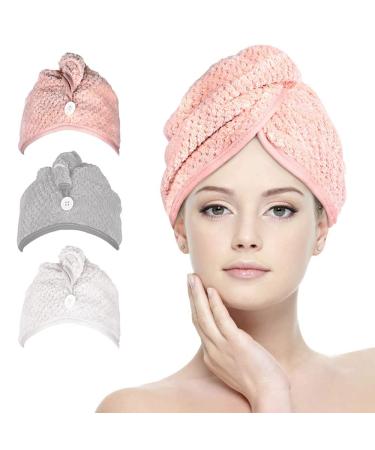 Turban hair towel with super absorbent button made of microfiber fleece coral towels hood for curly and smooth buckets quickly drying for wet shower 3 hours