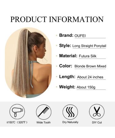 Oefei 24-Inch Blonde Brown Mixed Ponytail Extension - Long Straight Synthetic Hair with Velcro Fastener for Natural Women's Hairstyles - Buy Online on GoSupps.com