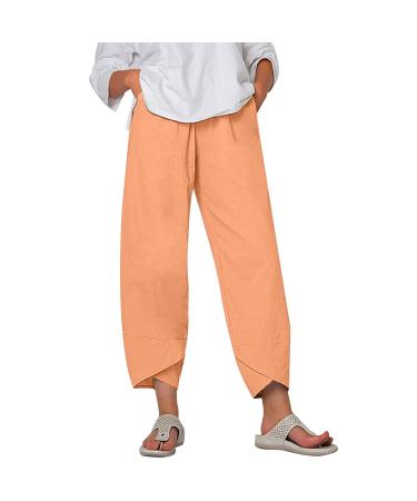 Xibodsi Linen Pants for Women, Womens Casual Pants Elastic Waist Cotton Linen Tapered Capri Pants Wide Leg Cropped Trousers 00-orange Large