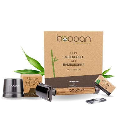 BOOpan Premium Razor Hobel Women with Stand and Bamboo grip Sustainably including 5 razor blades - razor set for a safe and gentle shave - closed comb including eBook metalgun -chrome