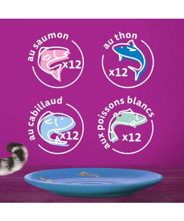 WHISKAS Cat Meal - 48 Freshness Sachets (Pack of 4 Packs 12 x 85g) - Favorite Fish (4 Varieties) - Food for Adult Cats in Jel - Buy Online on GoSupps.com