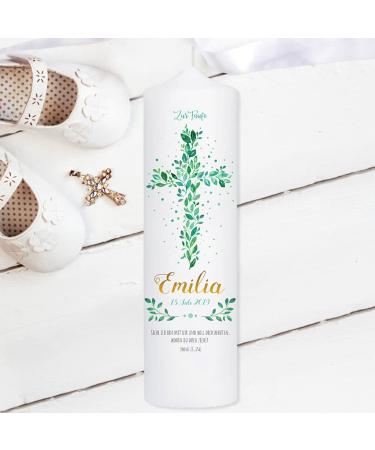 Baptism candle young or girl leaf cross Jesus cross made of leaves white candle for baptism birth communion white 25 x 7 cm with name date baptism/baptismal candle 25 x 7 cm (own baptism)