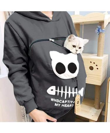 Shop Women's Long Sleeve Cat & Dog Hoodie Sweater with Big Bag - Warm & Stylish Dark Gray Sweatshirt - Buy Online on GoSupps.com