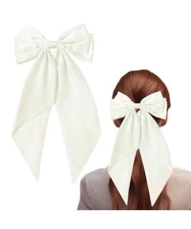 ZhongShuang Cream Colour Hair Bow Cream Colour White Big Hair Bows for Women Solid Color Bow Hair Clips with Long Ribbon French Barrette Clip Soft Satin Silky Hair Bows Cute Gifts for Women Girls