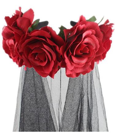 Day of The Dead Floral Crown Headband Halloween Gothic Flower Garland with Black Veil Hairband Cosplay Wedding Costume Rose Flower Headpiece for Women - Buy Online on GoSupps.com