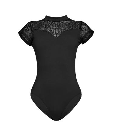 UTOWO Women Ballet Leotards Black-Lace Short-Sleeve with Elegant Swan Collar Dance-Gymnastics Yoga-Leotards Small Black