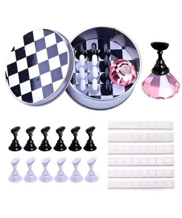 Kalolary 1 Set Nail Art Holder Practice Display Stand with 48Pcs White Reusable Adhesive Putty Clay  Magnetic Nail Art Tips Holders Crystal Nail Holder Chessboard Display Training Practice Stand Pink