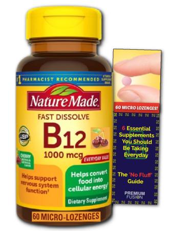 Vitamin B12 1000 mcg Fast Dissolve Lozenges from Nature Made + Vitamin Pouch and Guide to Supplements