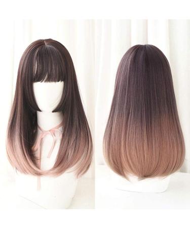 Japanese Long Straight Lace Front Wigs with Air Bangs - 2 Tone Heat-Resistant Synthetic Hair for Cosplay - 20 Inches Honey Pudding Brown - Buy Online on GoSupps.com