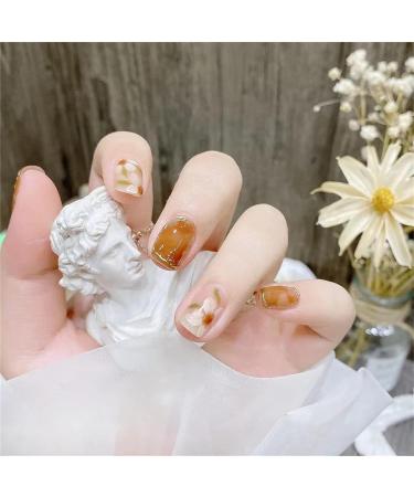 Spring Floral Camellia Short Round Press On Nails - 28 PCS with Glue | Glossy Orange False Nails - Buy Online on GoSupps.com