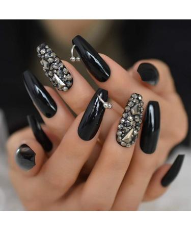 Stylish Medium Gray Marble Stiletto Artificial Nails - Shiny Fake Nail Tips for a Glamorous Look | Csch International Shipping - Buy Online on GoSupps.com