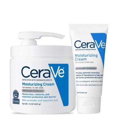 CeraVe Moisturizing Cream Combo Pack | Contains 16 Ounce with Pump and 1.89 Ounce Travel Size | Fragrance Free