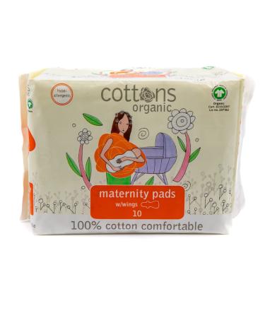 Cottons Maternity Pads with Wings 10-Individually Wrapped Unscented Chlorine Free Certified Organic Cotton Coversheet - Heavy Absorbency (Single Pack)