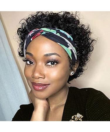 FENGDE 6 inch Pixie Cut Headband Wig Short Curly Headband Wigs for Black Women Human Hair 150% Density Natural Black Brazilian Virgin Human Hair Wigs, None Lace Front Wig Glueless Wig with Free Headbands 6 Inch Natural Black
