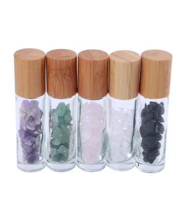 Constore 5 PCS 10ML Gemstone Roller Bottles,Refillable Roll On Bottles with Bamboo Lids Healing Crystal Chips Inside for Perfumes Aromatherapy Oils