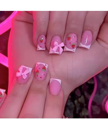 Press on Nails Short Square French Tip Fake Nails Pink Full Cover Strawberry False Nails with Bow Charm Designs Glossy Glue on Nails Cute Acrylic Nails Artificial Nails for Women Girls Short Nails4