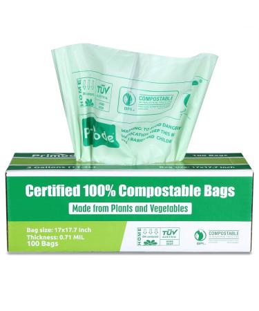 Primode 100% Compostable Trash Bags, 3 Gallon Food Scraps Yard Waste Bags, 100 Count, Extra Thick 0.71 Mil. ASTM D6400 Compost Bags Small Kitchen Bin Bags, Certified by BPI and TUV