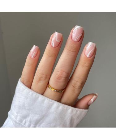 KXAMELIE Press on Nails Short,White Swirls Fake Nails With Nail Glue,Short Square Shape Glue on Nails for Women Girls Nail Decoration,Thick Super Short Nails Press on for Daily Wear
