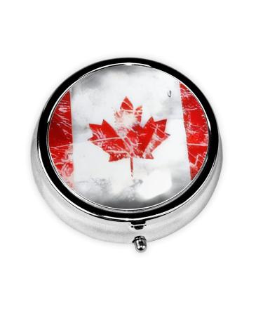 Retro Canada Flag Portable Metal Pill Box Round Mini 3-Compartment Plastic Insert hinged Fastening Design Suitable for Small Pills Must-Have for Travel