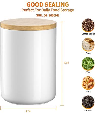 White Ceramic 1050mL 4 cup Food Storage Canister with Airtight Bamboo Lid and Silicone Seal Container for Counter - Great for Flour Coffee Sugar Treats for Dog Puppy Cat Kitten Rawhide Milkbone - Buy Online on GoSupps.com