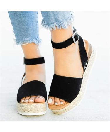 Ladmiple Women's Wedge Sandals - Dressy Comfy Slip-On Ankle Buckle Sandals | Open Toe Platform for Summer Beach - Size 9, Black - Buy Online on GoSupps.com