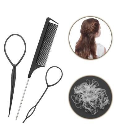 Hair Braiding Tool Rat Tail Comb Braid Tail Hair Loop Tool - Hair Pull Through Tool Pin Tail Comb - Parting Comb hair Twister looping Tool Elastic Hair ties French Braid Gift Set