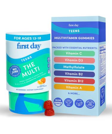 FIRST DAY Vitamins for Teens - Teen Multi Vitamins for Girls & Boys 12-17 Organic Fruit & Veggie Blend - 12 Key Nutrients: Vitamins A B1 B2 B6 B9 B12 C D3 E K2-30 Day Supply 60 (Pack Size 1)