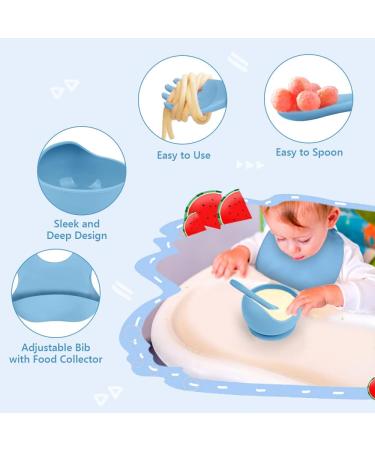 Vicloon Silicone Baby Feeding Set - 4Pcs Weaning Set with Suction Plate, Bib, Spoon & Fork | BPA-Free Toddler & Kids Bowl Set - Blue - Buy Online on GoSupps.com