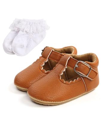 Baby Anti-Slip First Walking Shoes Baby Boys Girls Princess Soft Sole Toddler Shoes Sneakers Infant PU Leather Prewalkers for 0-18 Months with Sock 6-12 Months Brown