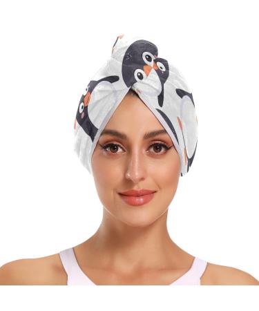 Small Cartoon Penguin Hair Towel 2 Pack Super Absorbent Hair Drying Towel Quick Dry Hair Turbans Head Towel with Button Twisty Wrap for Women Girls