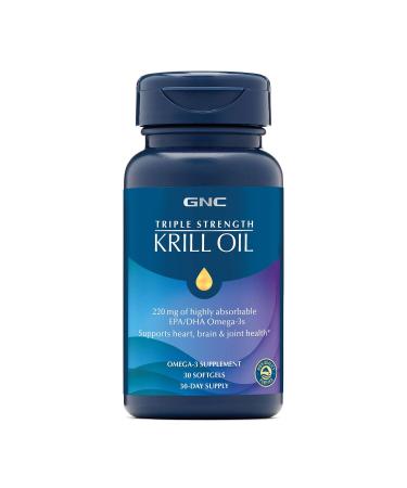 GNC Triple Strength Krill Oil Supplement 220mg EPA and DHA Omega 3s Supports Heart Brain and Joint Health Superior Absorption Antarctic Sourced Burpless 30 Softgels 30 Servings 30 Count (Pack of 1)