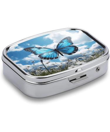 Blue Butterfly & Clouds Pill Box - 2 Compartment Decorative Metal Pill Organizer | Portable Pocket & Purse Medication Case - Buy Online on GoSupps.com