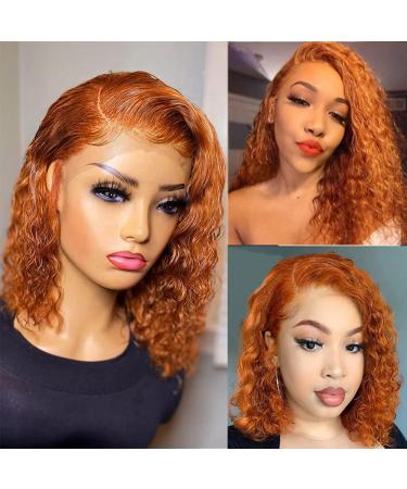 Short Curly Lace Frontal Bob Hair Wigs Colored Orange Wavy Virgin Human Hair Wigs 180% Density T Part 13x4x1 Pre Plucked with Baby Hair for Black Women 10