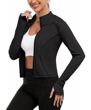 Gyabnw Women's Hooded Running Jacket - Breathable Crop Top for Gym & Fitness | Zipper Thumbhole XS Black - Buy Online on GoSupps.com