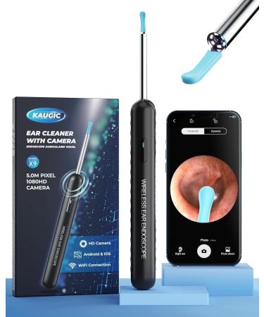 KAUGIC Ear Wax Removal - Ear Cleaner with 1080P Camera - Ear Wax Removal Kit with 8 Pcs Ear Set - Ear Camera with 6 Ear Spoon - Otoscope with Light for iPhone & Android - Black Black Polypropylene (PP)
