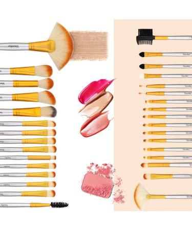 Yuwaku Champagne Makeup Brushes Set - 32 Piece Cruelty-Free Synthetic Fiber Bristles with Travel Case - Valentines Day Gift for Kids - Foundation, Powder, Blush, Eyeshadow - NO Shedding - Buy Online on GoSupps.com