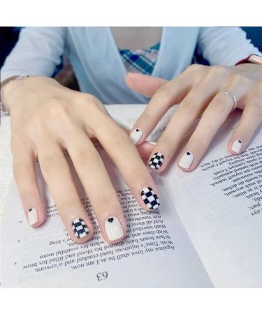 Black Heart Checkerboard Press On Nails Set - 24 Square French Acrylic Fake Nails with Glue for Women and Girls - Buy Online on GoSupps.com