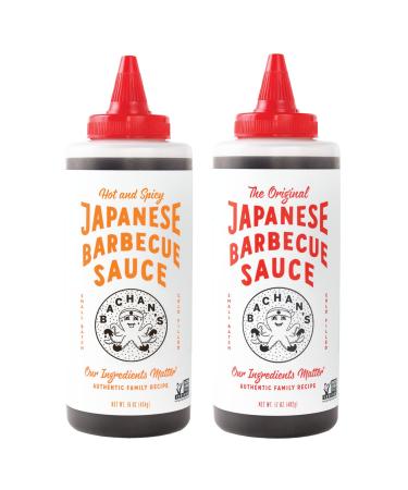 Bachan's - Two Pack Sauce Bundle, (1) Original Japanese Barbecue Sauce, (1) Hot and Spicy Japanese Barbecue Sauce, 17 Ounces Small Batch, Non GMO, No Preservatives, Vegan and BPA free