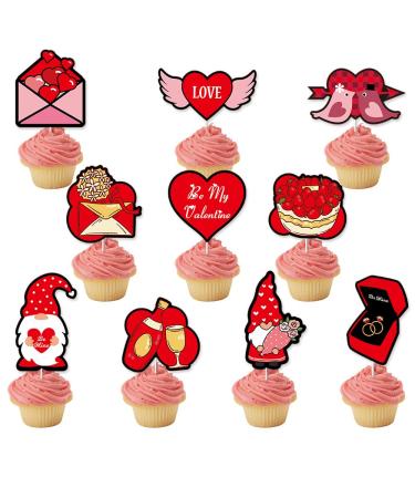 Cupcake Toppers 10pcs Glitter Red Happy Holiday Day Red Day Cupcake Decorations Cake Decoration Cake Topper Rose Diamond Heart for Valentine's Day Birthday