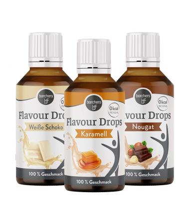 Borchers Flavor Drops Tasting Package |1 x white chocolate caramel and nougat |3 x 30 ml |0 calories |Sweet fabric liquid |For cooking and baking |For drinks