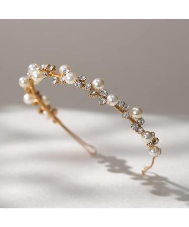 SWEETV Gold Pearl Tiara Headband for Women - Crystal Bridal Wedding Hair Accessory - Buy Online on GoSupps.com
