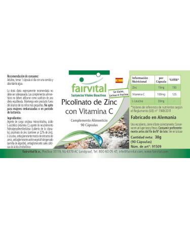 Fairvital | Zinc Picolinate with Vitamin C 15mg Zinc per Capsule 90 Capsules - Pure Substance - Buy Online on GoSupps.com
