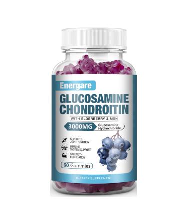 1 Pack 3000mg Glucosamine Chondroitin with MSM Gummies & Elderberry Extra Strength Joint Support Health Flexibility Antioxidant Immune Supplement Gummy for Adults Men & Women 60 Counts 60 Count (Pack of 1)